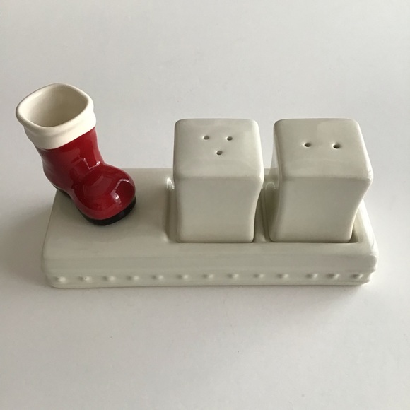 Nora Fleming Other - Nora Fleming Stoneware Salt & Pepper Shakers on Tray Christmas Santa Boot Holder